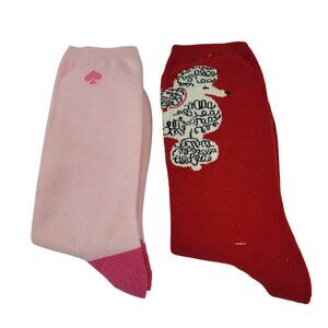 Kate Spade New York Crew Socks 2-pair Solid Pink Red Poodle NWOT